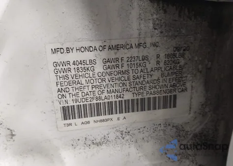 2020 Acura Ilx Premium A-Spec Packages/Technology A-Spec Packages z USA, uszkodzony, nr VIN 19UDE2F88LA011842